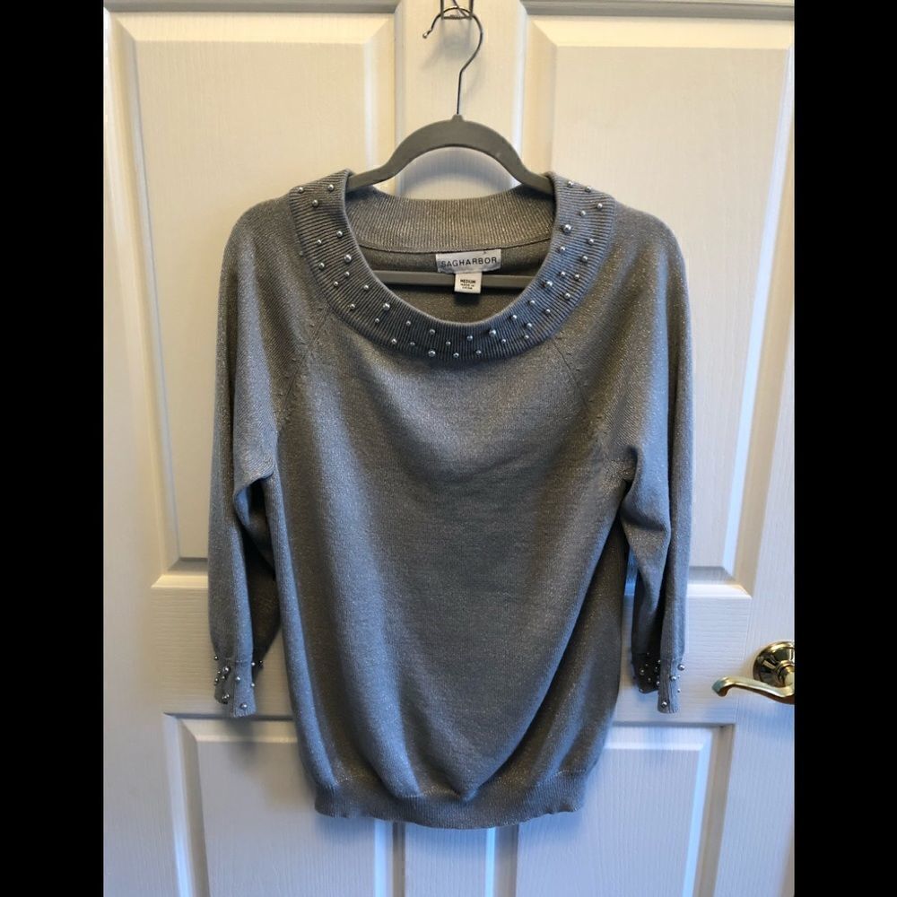 Sag Harbor silver metallic sweater with pearl accents